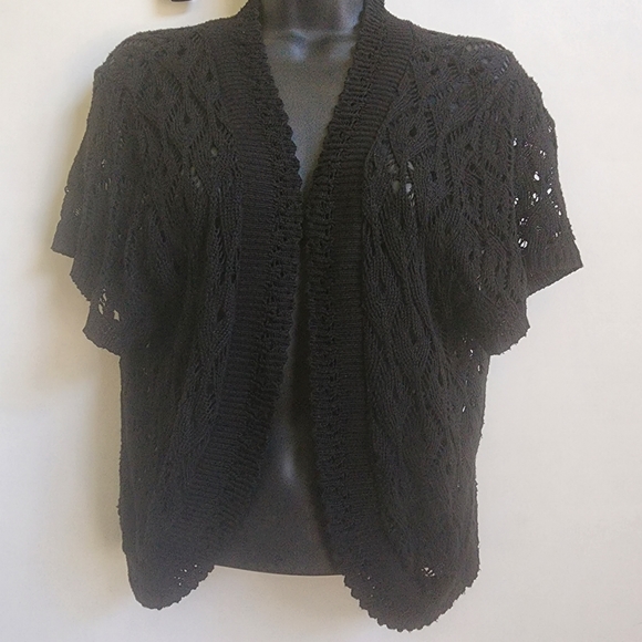 Sweet Kizz Black Loose Knit Sweater Open Front Short Sleeve Cardigan Shr… - Picture 9 of 13